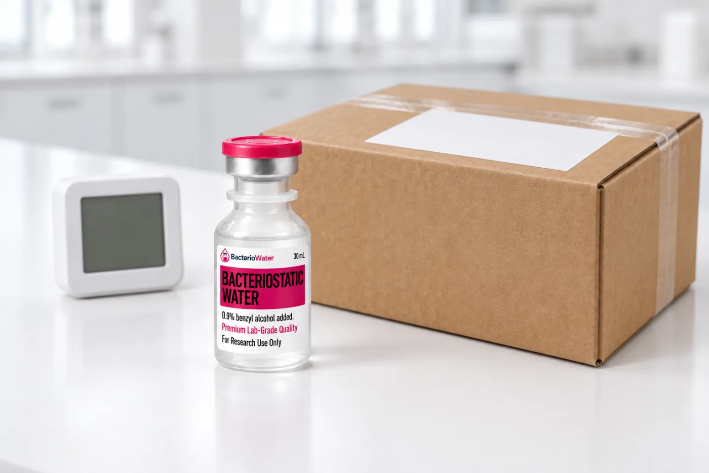 Bacteriostatic water shipping: a sealed 30 mL vial with a pink flip-off cap beside a taped plain shipping carton and a digital temperature logger on a white laboratory counter