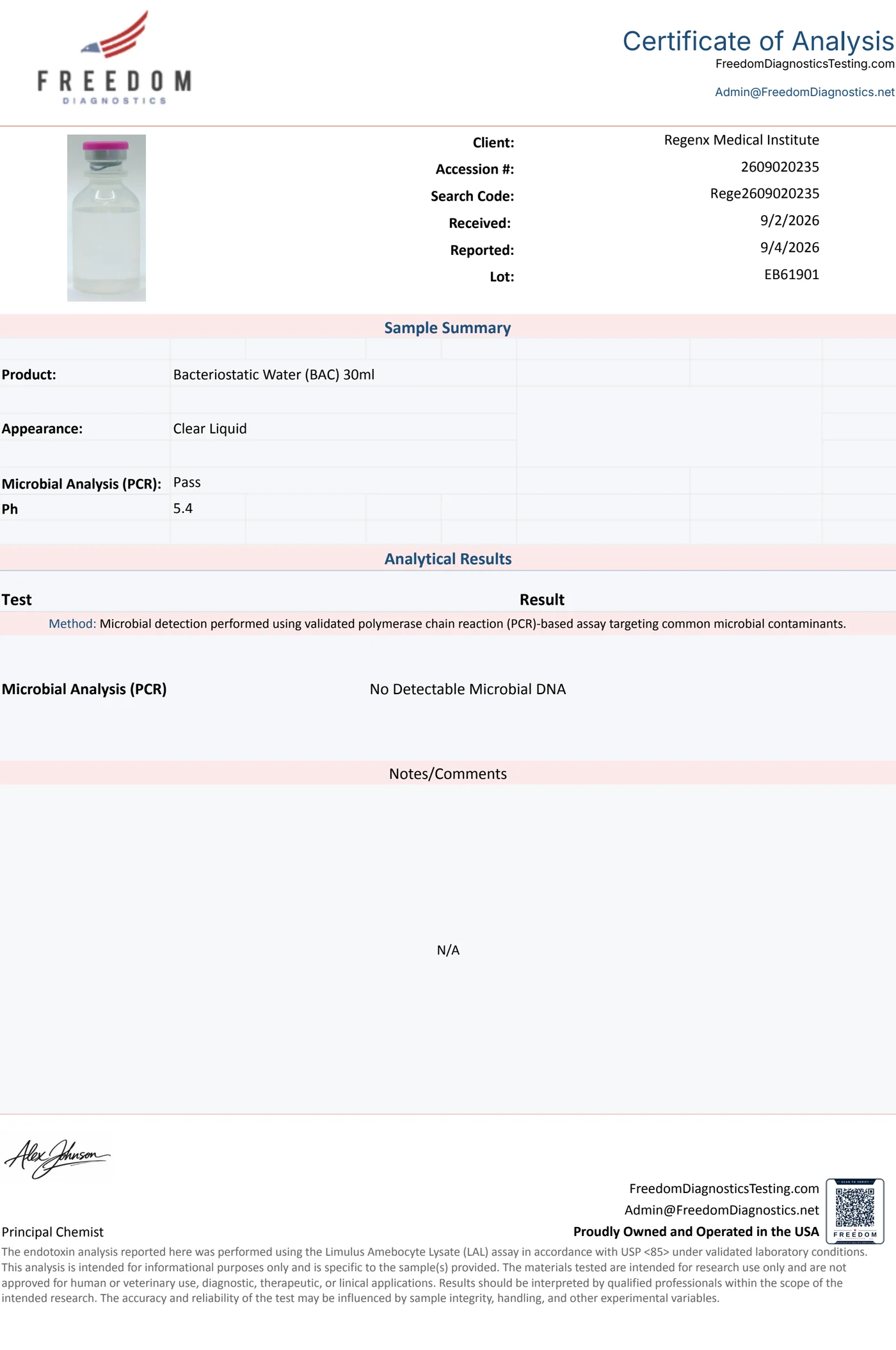 Certificate of Analysis, accession 2609020235, from Freedom Diagnostics for 30 mL bacteriostatic water, lot EB61901: PCR microbial analysis, no detectable microbial DNA