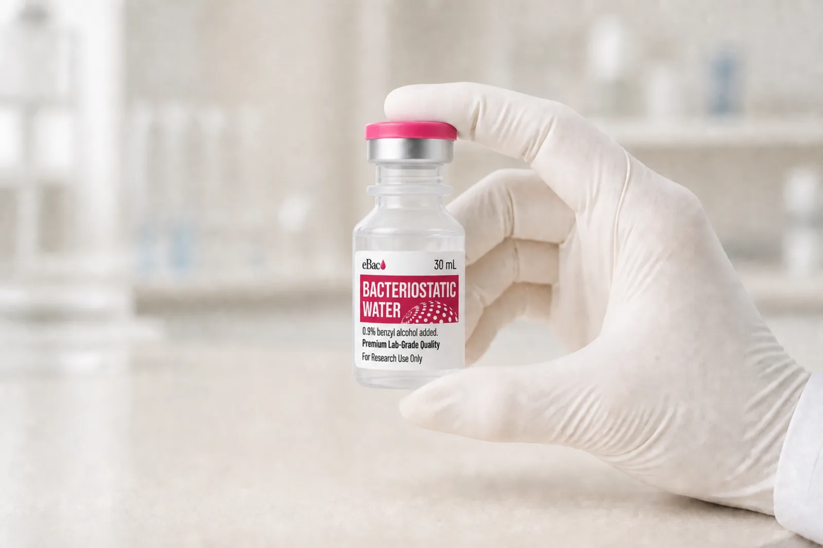Gloved hand holding a 30 mL BacterioWater vial at a laboratory bench