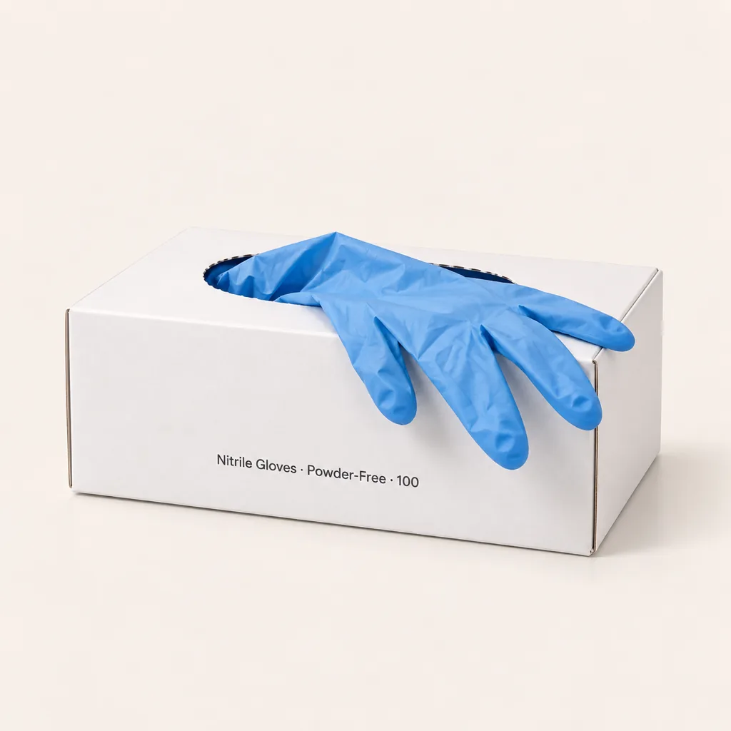 Box of powder-free blue nitrile laboratory gloves with one glove pulled from the dispenser opening