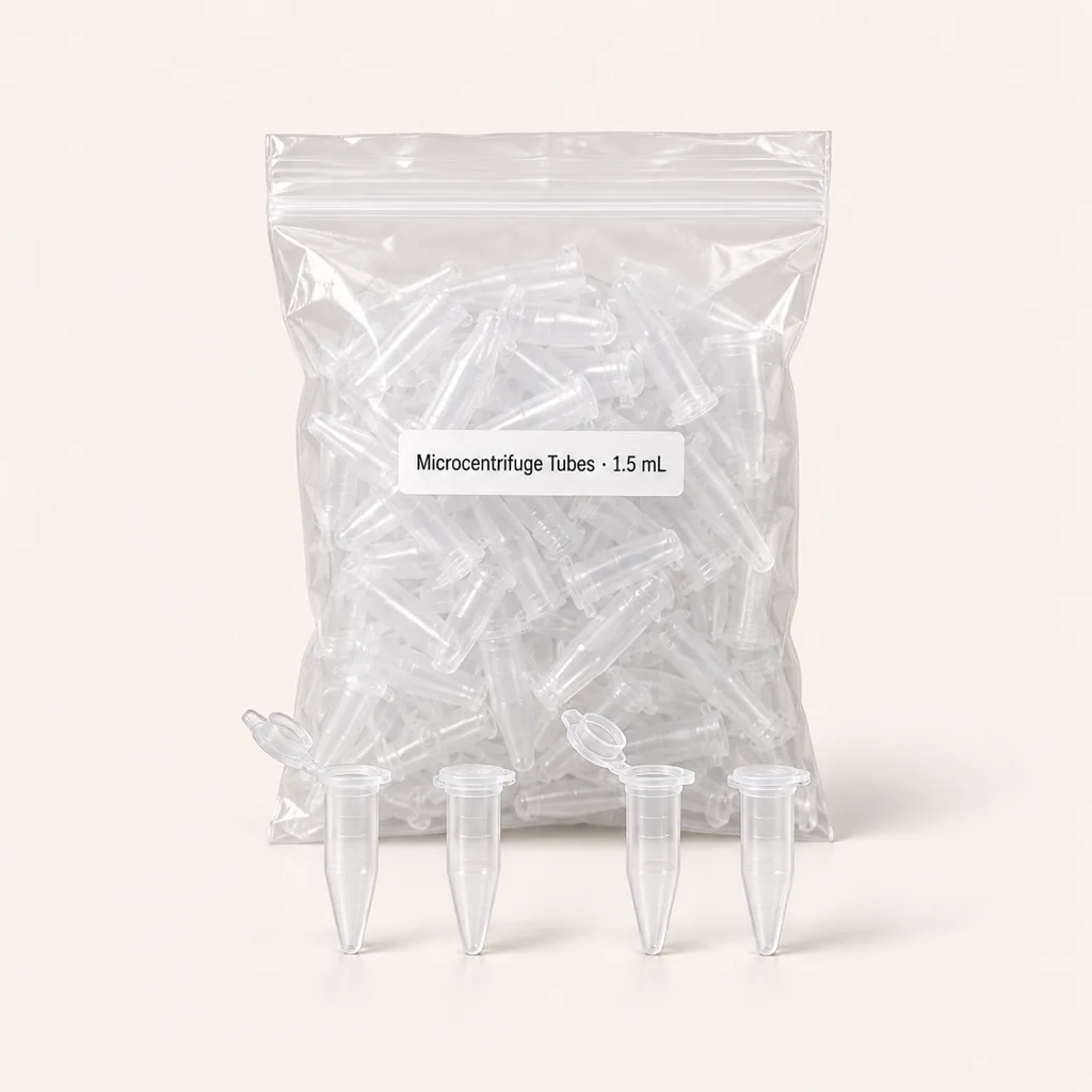Sealed bag of clear 1.5 mL snap-cap microcentrifuge tubes with four tubes standing in front