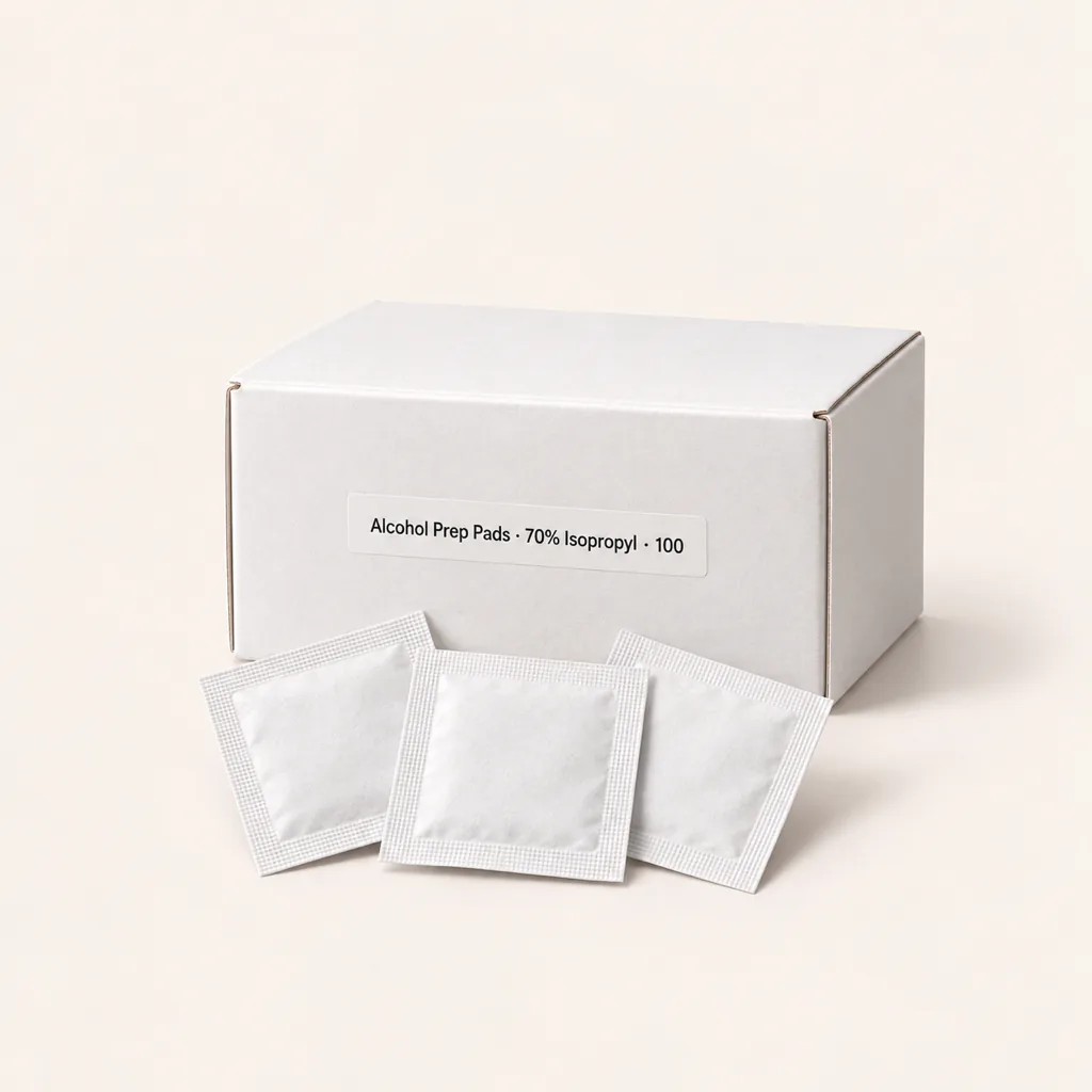 Box of individually wrapped 70% isopropyl alcohol prep pads with three sealed packets in front