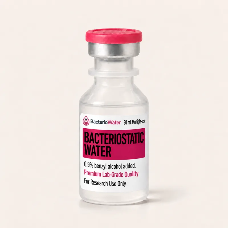 Single 30 mL vial of bacteriostatic water with pink flip-off cap and research-use-only label