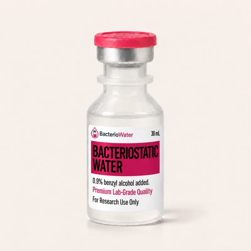 Single 30 mL vial of bacteriostatic water with pink flip-off cap and research-use-only label