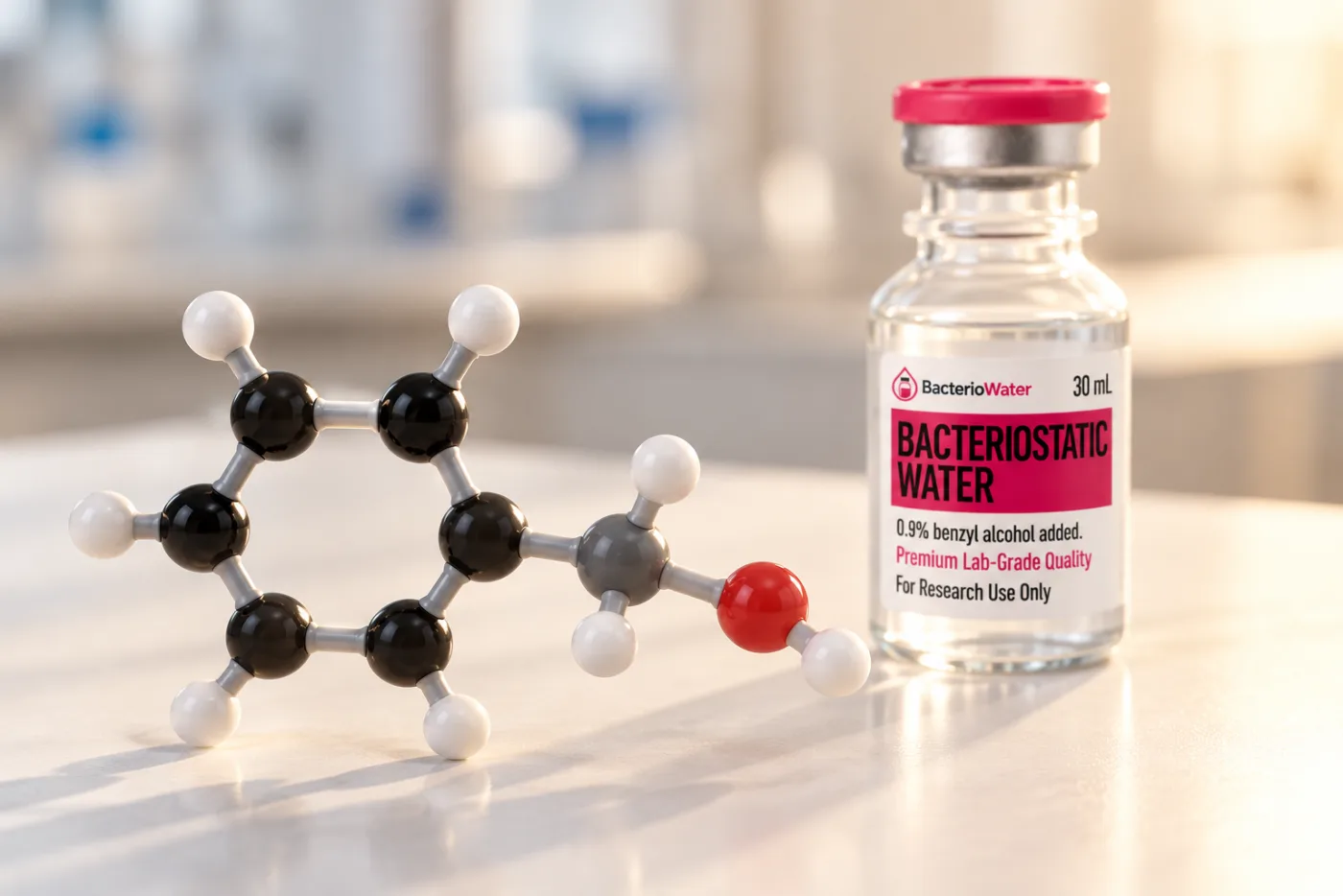 A ball-and-stick model of benzyl alcohol on a white laboratory bench in front of a sealed 30 mL bacteriostatic water vial
