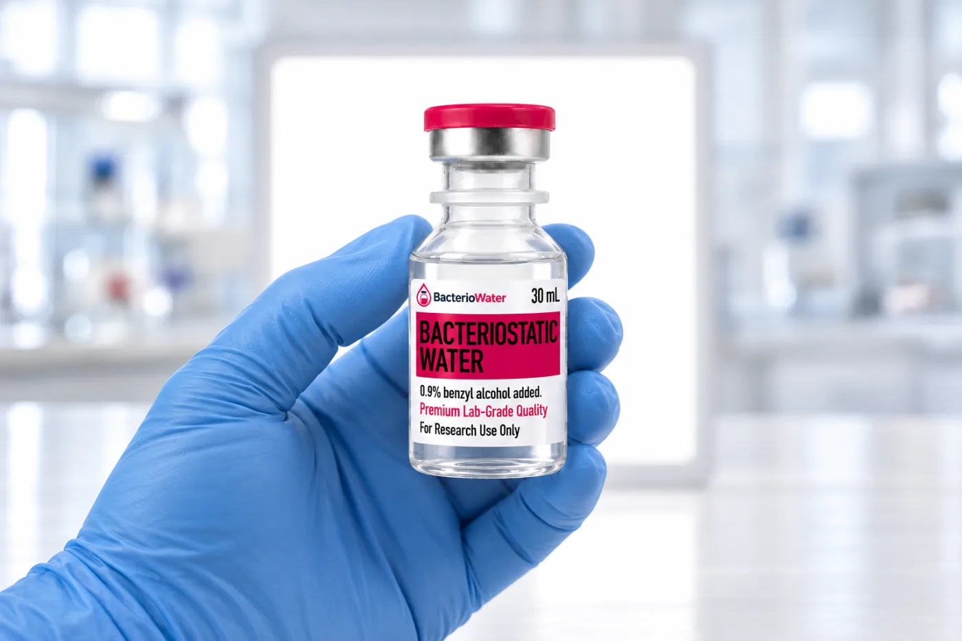 A gloved hand holding a sealed 30 mL bacteriostatic water vial up against a white light panel to inspect the liquid