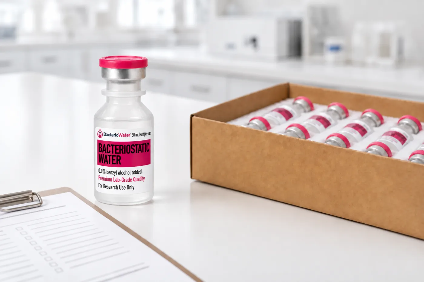 A sealed 30 mL bacteriostatic water vial with a pink flip-off cap beside an open plain shipping carton of vials in protective foam and a clipboard checklist on a white laboratory bench