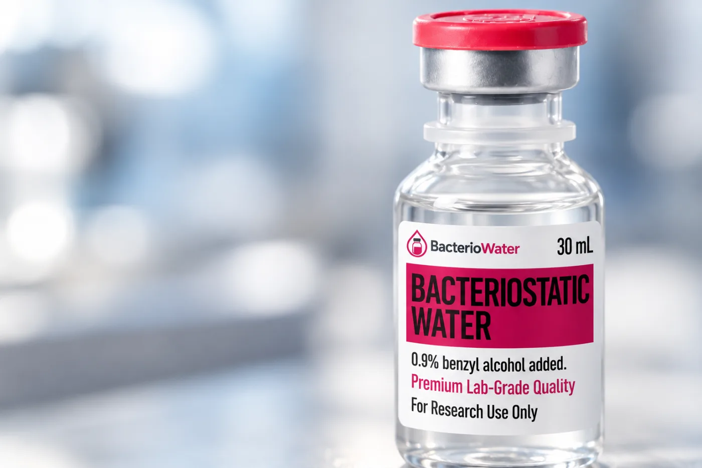 Close-up of a sealed 30 mL bacteriostatic water vial with a pink flip-off cap and aluminium crimp against a soft, out-of-focus laboratory background