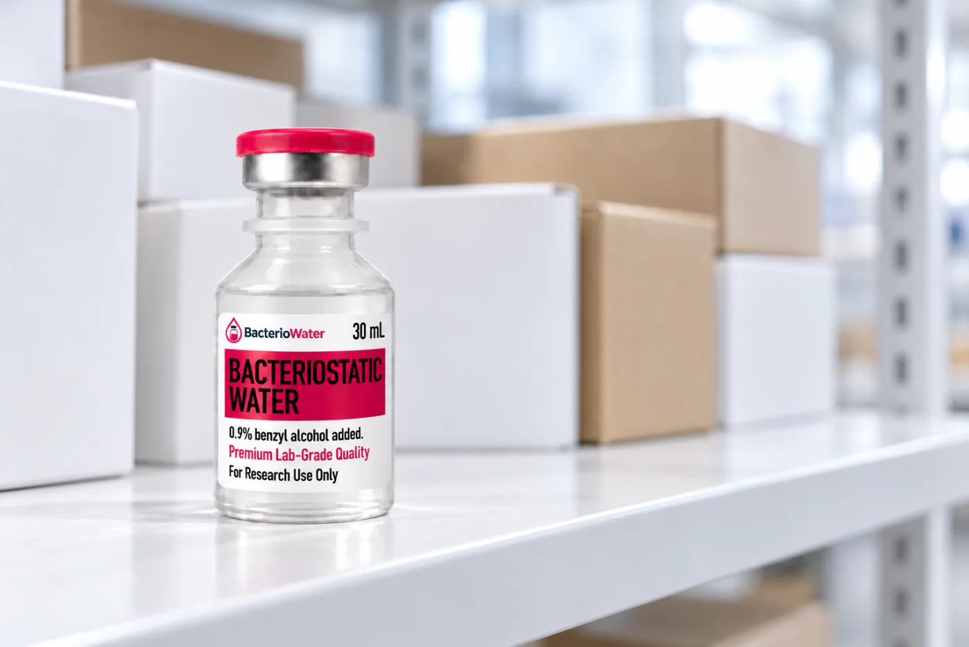 A sealed 30 mL bacteriostatic water vial at the front of a laboratory stockroom shelf lined with plain unlabelled supply boxes
