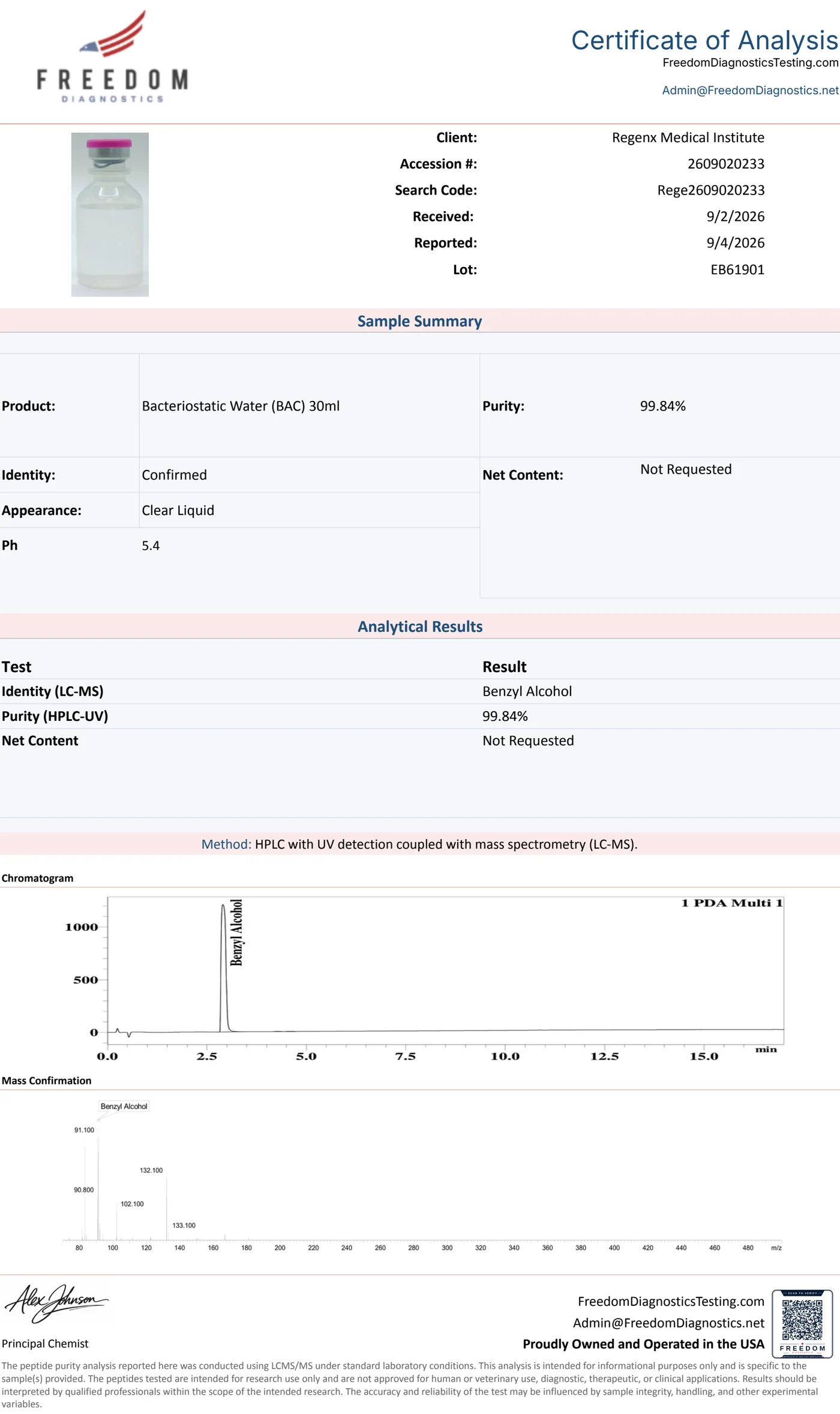 Certificate of Analysis, accession 2609020233, from Freedom Diagnostics for 30 mL bacteriostatic water, lot EB61901: identity by LC-MS and purity by HPLC-UV