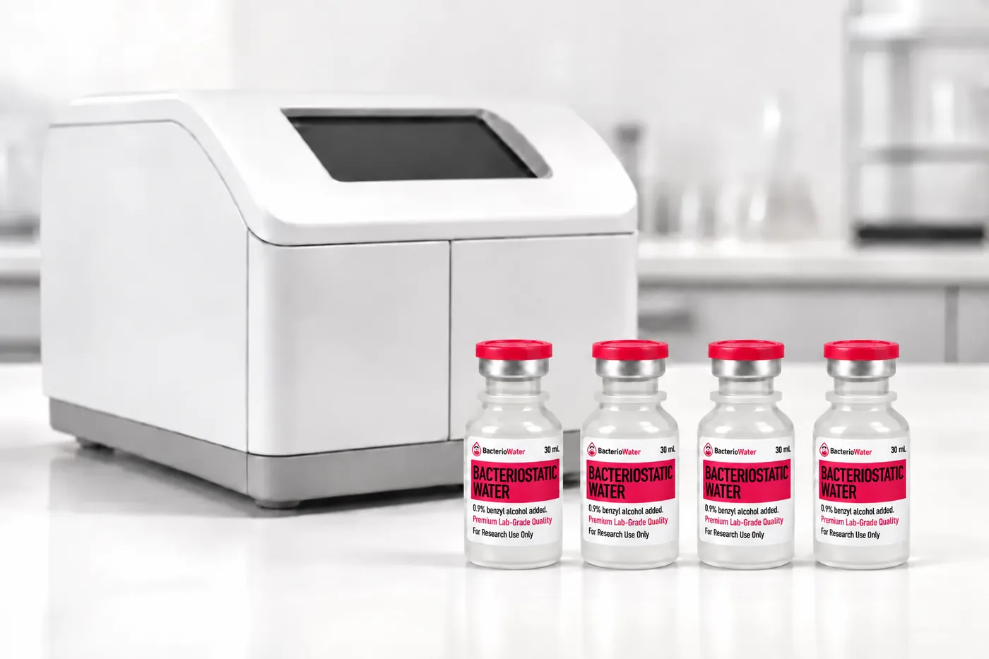 30 mL bacteriostatic water vials beside an analytical instrument on a laboratory bench