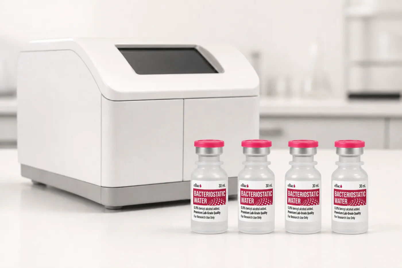 30 mL bacteriostatic water vials beside an analytical instrument on a laboratory bench