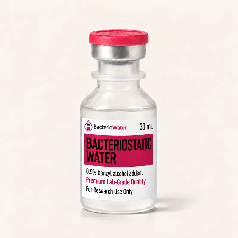 Single 30 mL vial of bacteriostatic water with pink flip-off cap and research-use-only label