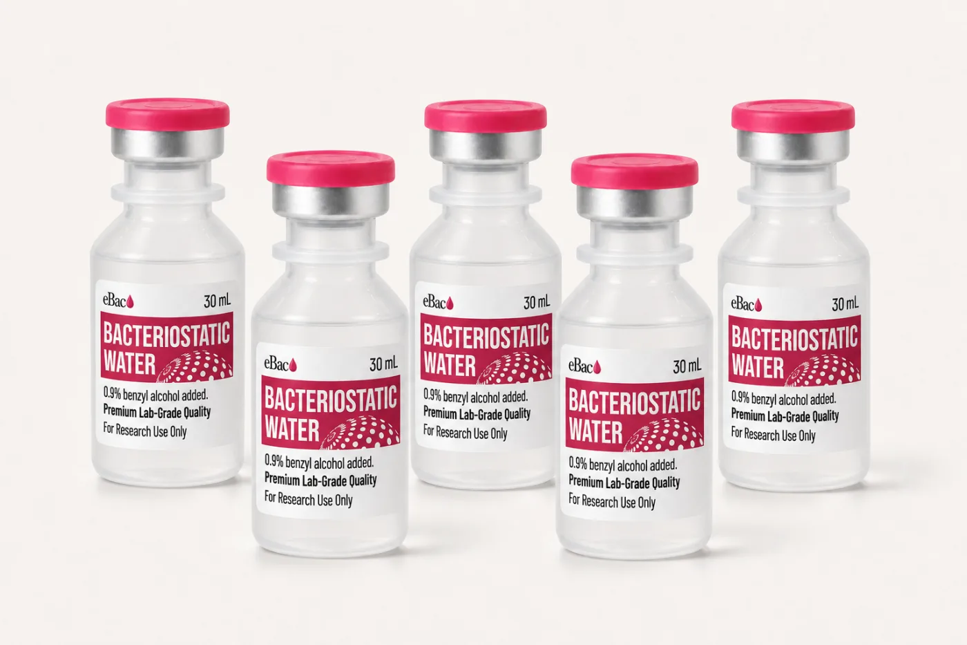 Sealed 30 mL multi-dose vials of bacteriostatic water from a single production lot