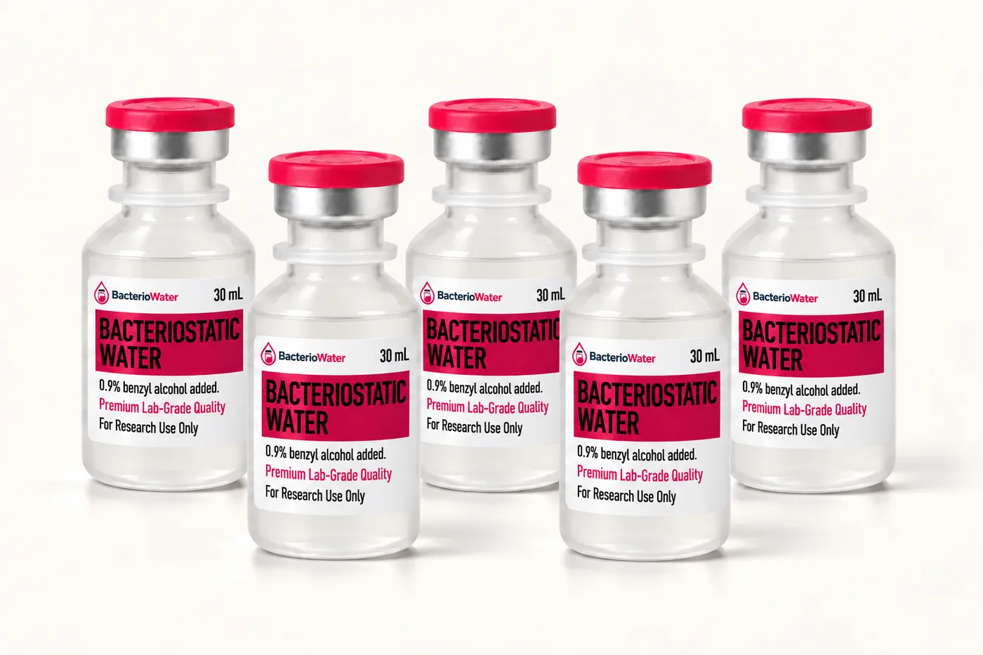 Sealed 30 mL vials of bacteriostatic water from a single production lot
